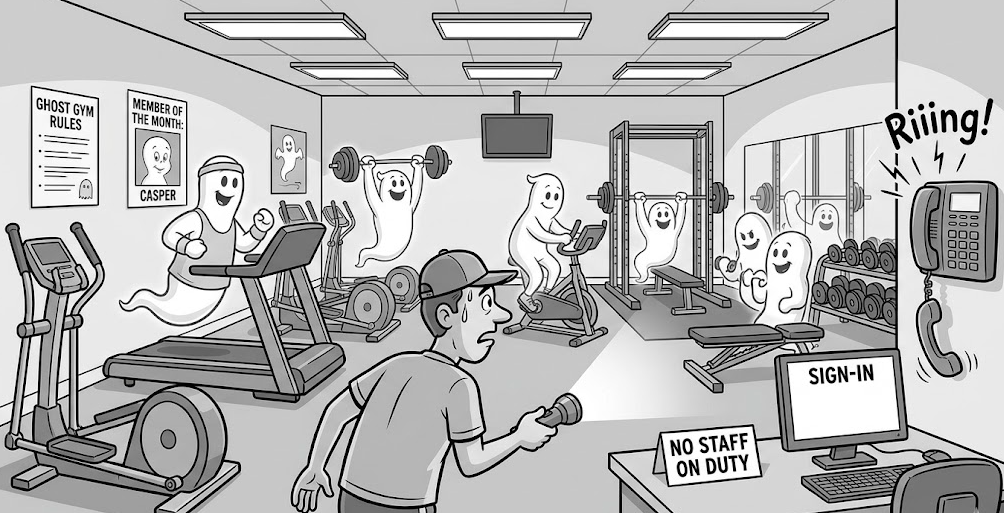 A humorous, black-and-white editorial cartoon depicting a literal "ghost town" gym scenario to attract blog visitors. In the center, a confused and sweating male customer shines a bright flashlight around a modern, fully equipped workout facility. Instead of employees, the gym is populated by cheerful cartoon ghosts: one runs on a treadmill wearing a headband, another lifts a heavy barbell, one rides a stationary bike, and others lift dumbbells near a mirror. On the wall, a "Member of the Month" poster features a friendly ghost named Casper. In the foreground, a deserted front desk features a blank computer monitor, a "NO STAFF ON DUTY" sign, and a wall-mounted telephone with its receiver hanging off the hook, vibrating with a loud "Riiing!" sound effect. The illustration is styled in clean vector lines with smooth grayscale shading, blending consumer frustration with playful, eye-catching satire.