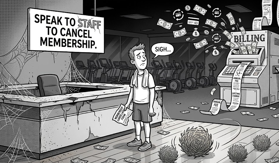 A sarcastic, black-and-white editorial cartoon illustrating the frustration of trying to cancel a gym membership. In the foreground, a dejected man stands in an empty gym holding a crumpled "Membership Cancellation Form" next to a deserted front desk covered in thick cobwebs and cracks. Multiple tumbleweeds roll across the wooden floor. Above the desk hangs a large sign that reads, "SPEAK TO STAFF TO CANCEL MEMBERSHIP," with the word "STAFF" visibly cracked. In contrast to the abandoned gym floor, a giant, active "BILLING" machine operates in the background, aggressively printing a long, continuous invoice marked with "ANNUAL FEE" and "LIFETIME CHARGE" while credit card icons and dollar bills fly through the air toward it. The style uses professional comic book halftones and clean line art to deliver a humorous, cynical take on recurring corporate billing practices.