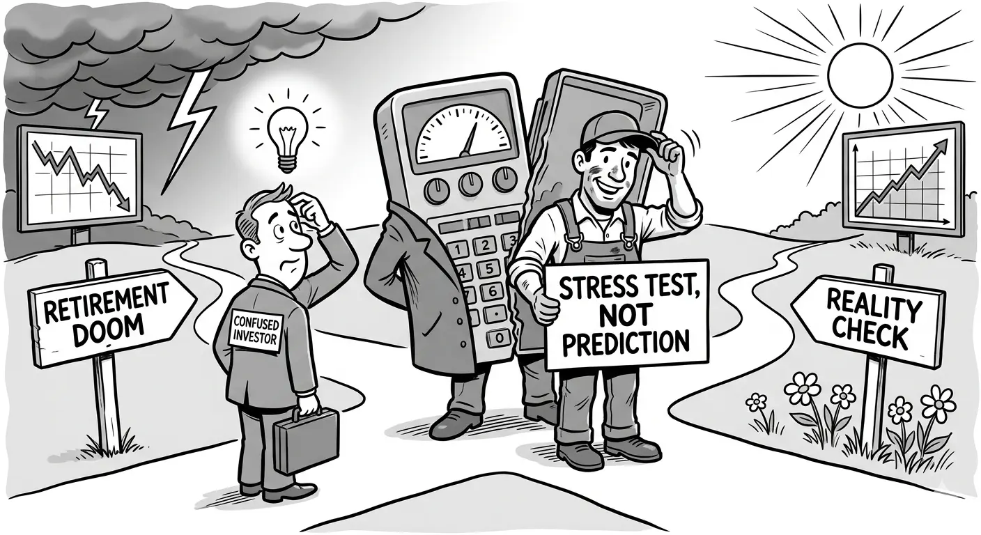 artoon of a retirement saver discovering that a scary retirement calculator result represents a worst-case scenario, not the most likely outcome.