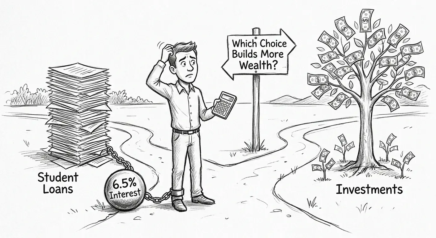 Illustration of an investor deciding whether to sell stock to pay off student loans or continue investing.