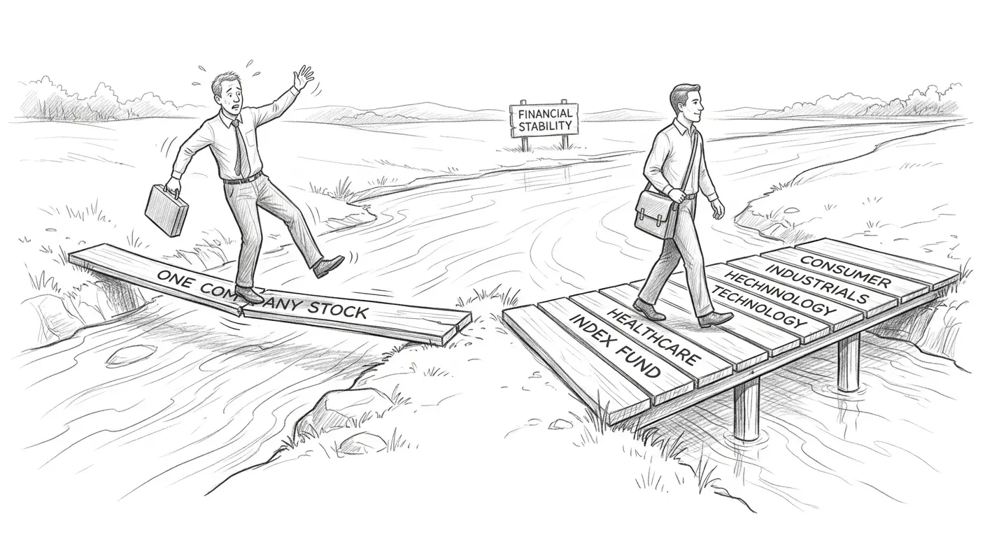 Editorial illustration showing the risk of holding a single company stock compared with a diversified investment portfolio.