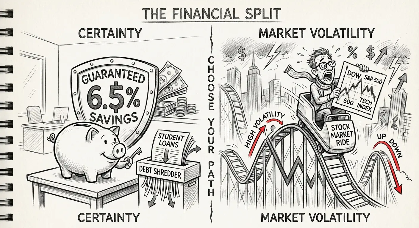 Pencil sketch comparing guaranteed student loan interest savings with uncertain stock market investment returns.