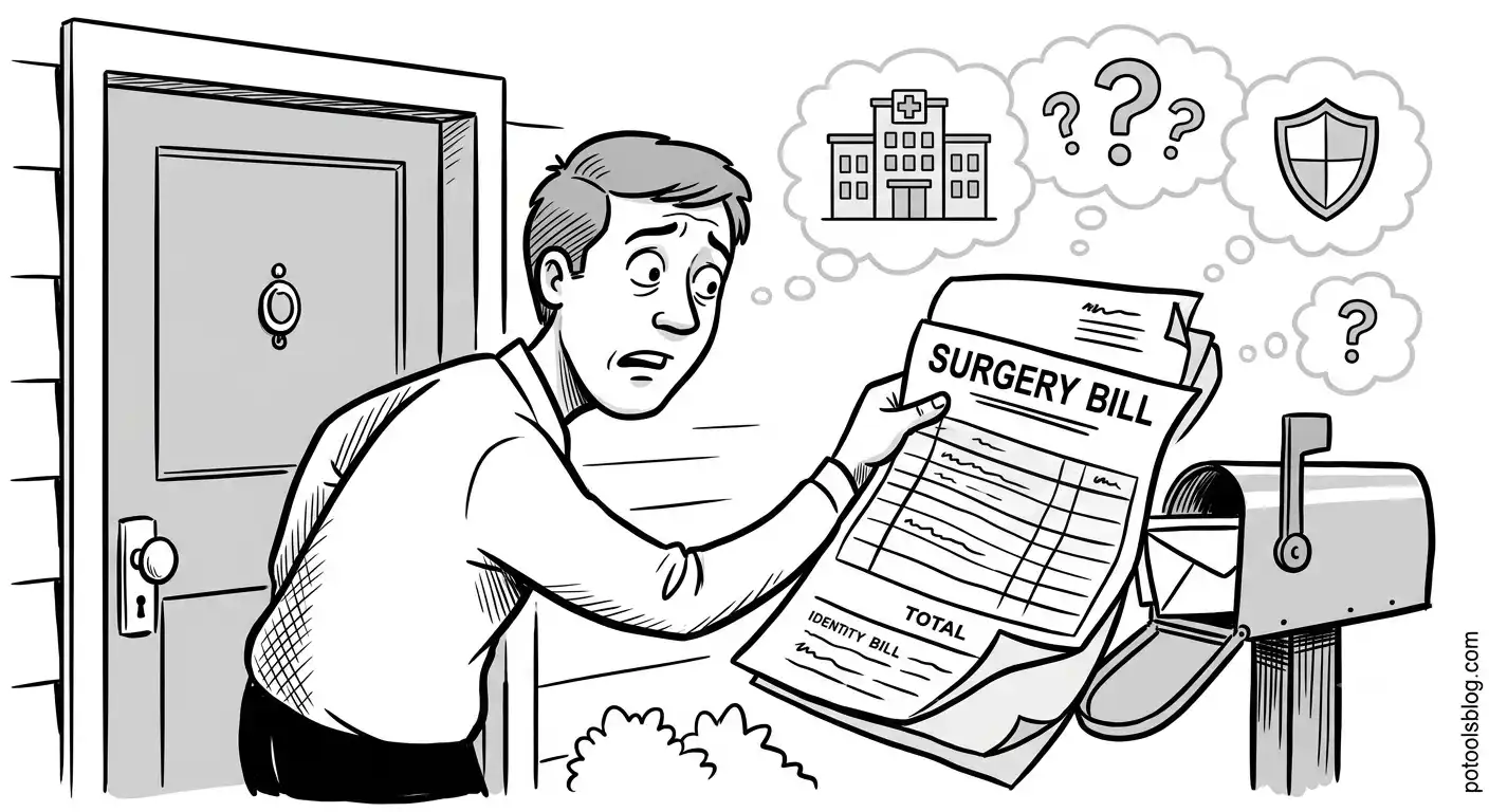 Billed for surgery you never had cartoon showing shocked person receiving an unexpected medical bill.