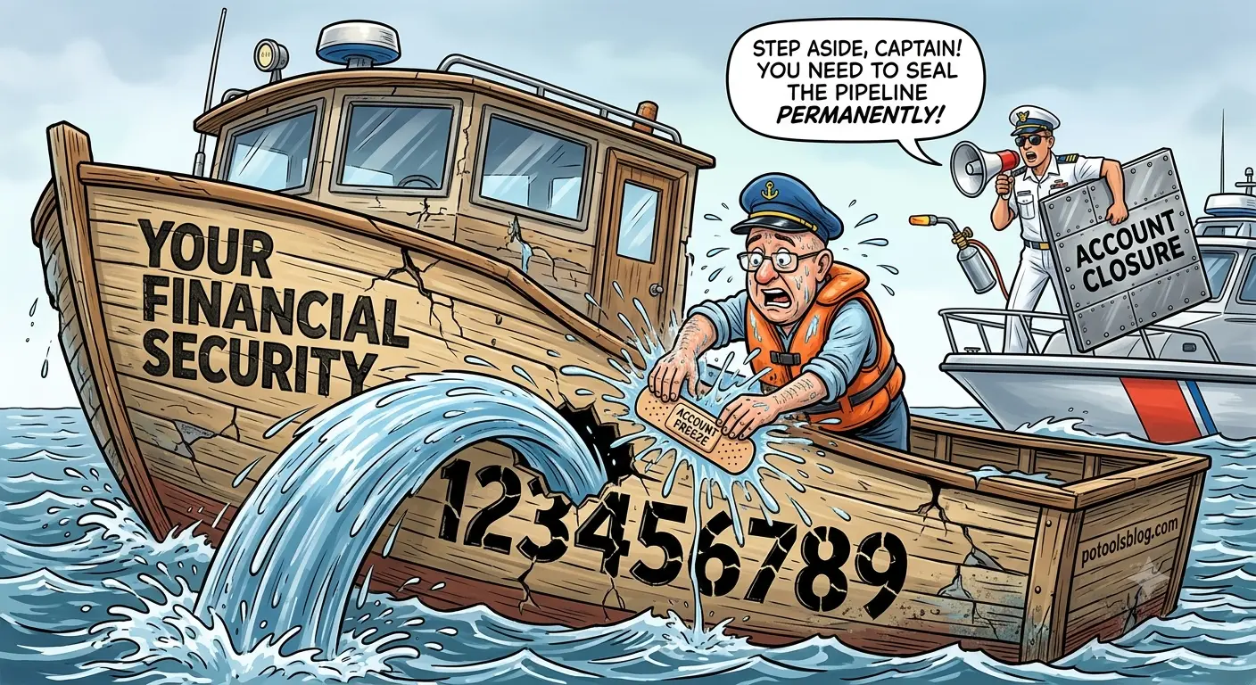 comparing an account freeze to a tiny bandage on a leaking boat, while an account closure represents a permanent weld.