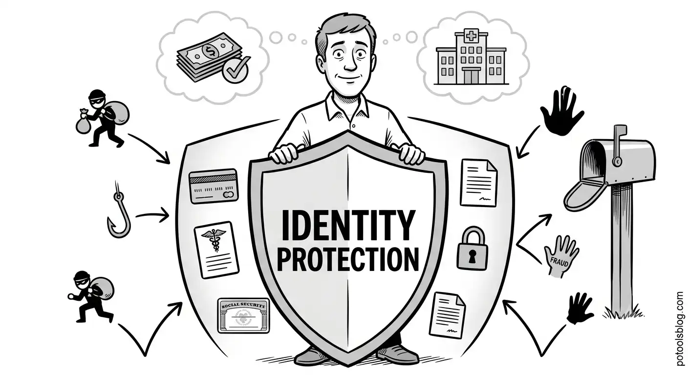 Identity protection cartoon showing credit freeze and security shield after incorrect medical billing.