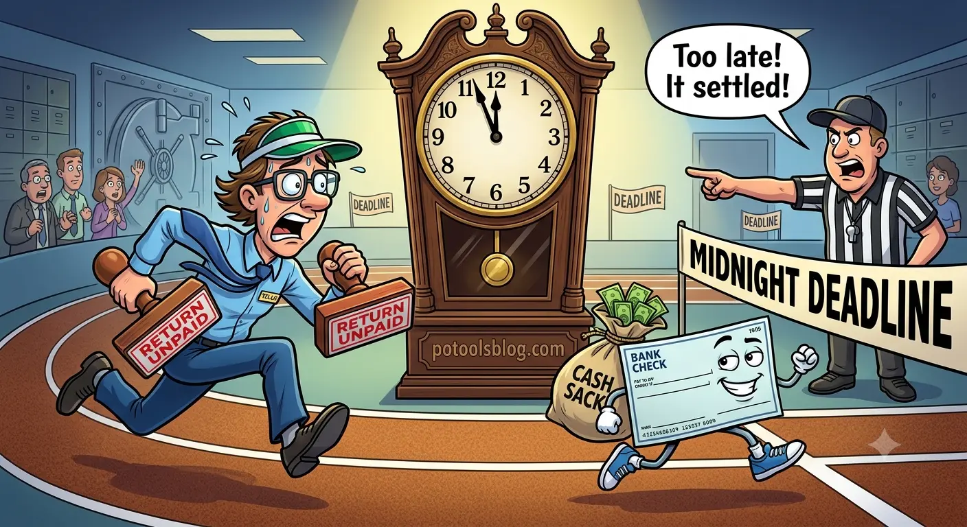 Black and white cartoon of a bank teller racing against a midnight clock to stop a fraudulent check from clearing the settlement window.