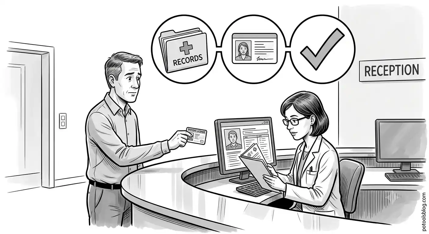 Person verifying medical records at a hospital after receiving a medical bill for surgery never received.